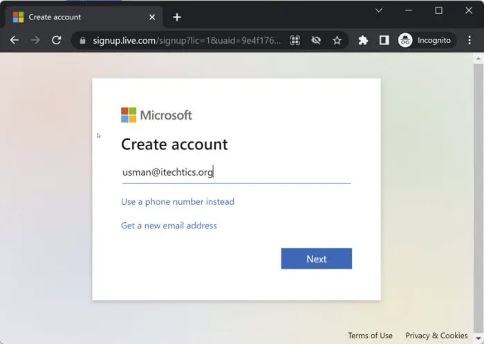 Create a new Microsoft account using Gmail