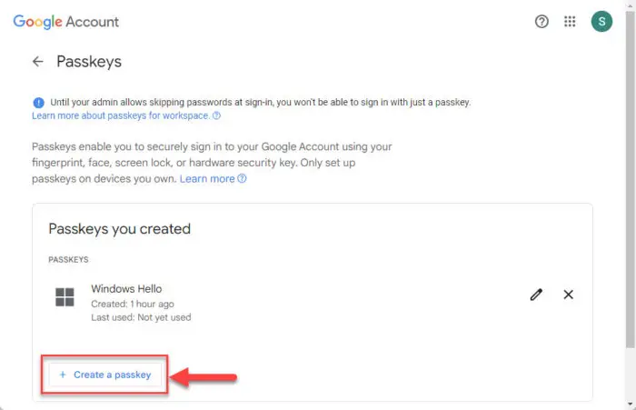 Create a passkey on your Google account