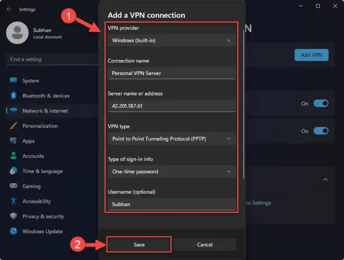 Create a VPN profile on Windows