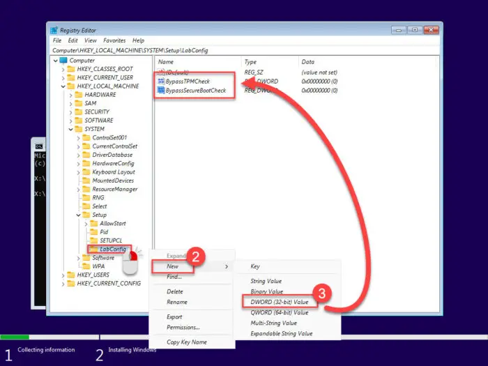 Create DWORDs to bypass Secure Boot and TPM checks