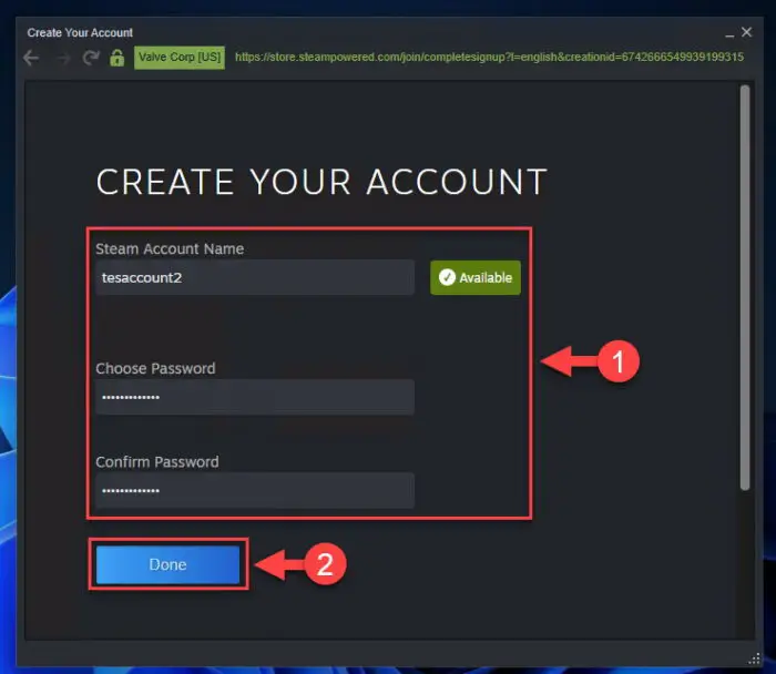 Create steam account ID and password