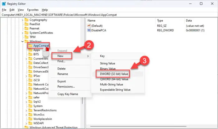 Create the DisablePCA DWORD