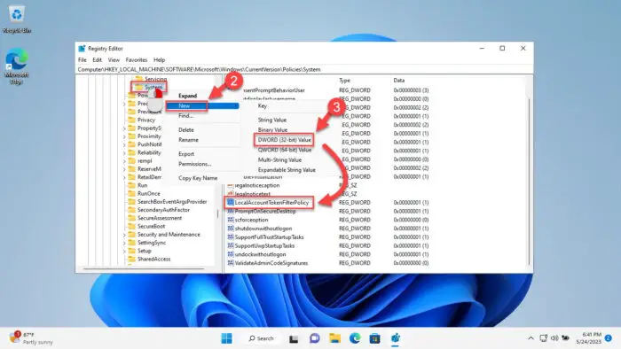 Create the DWORD LocalAccountTokenFilterPolicy