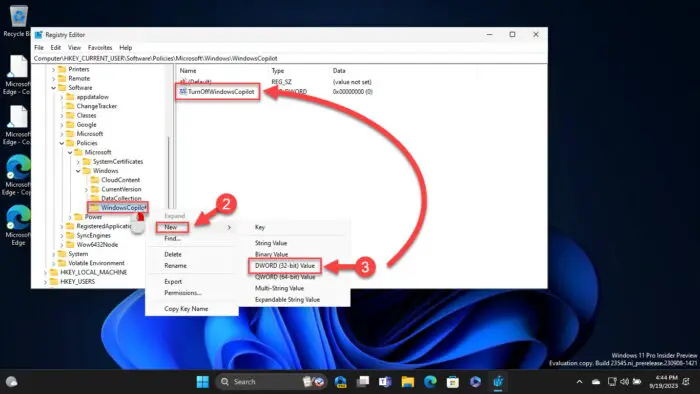 Create the DWORD TurnOffWindowsCopilot