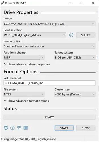 Creating Windows 10 Version 2004 bootable USB using Rufus