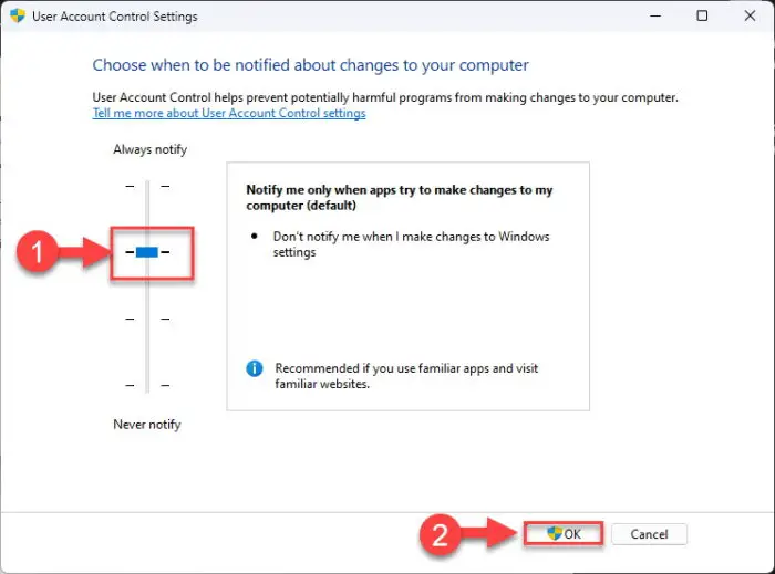 Default UAC setting from Control Panel