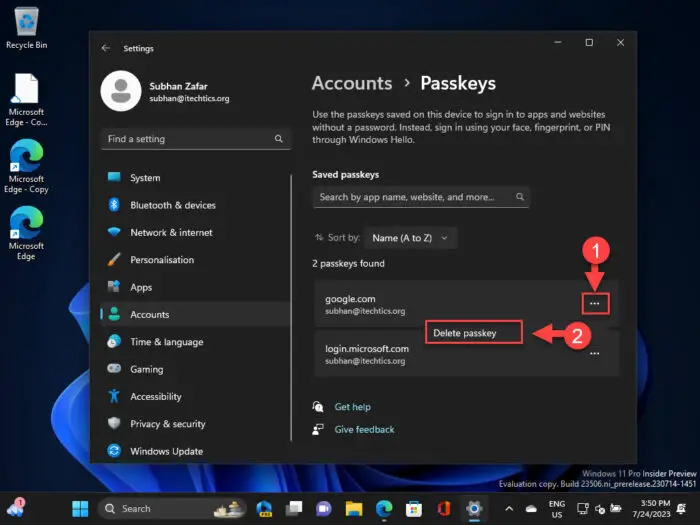 Delete a passkey in Windows 11