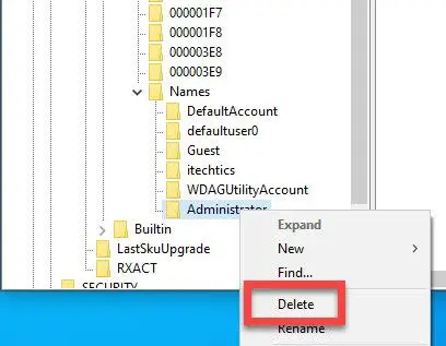 Delete Administrator account from Registry