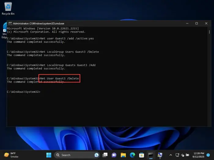 Delete Guest account from Command Prompt