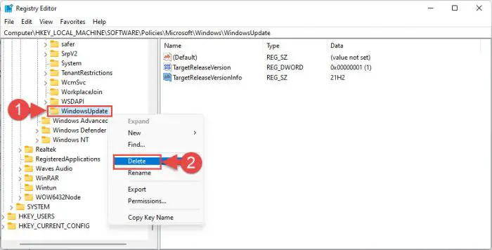 Delete the WindowsUpdate Registry key
