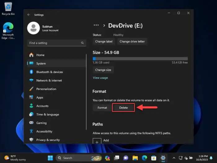 Delete the Dev Drive