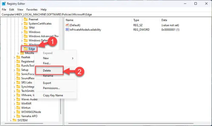 Delete the Edge key or value to restore InPrivate browsing in Microsoft Edge