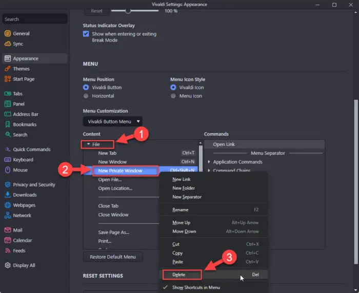 Delete the New Private Window option from Vivaldis menu 1