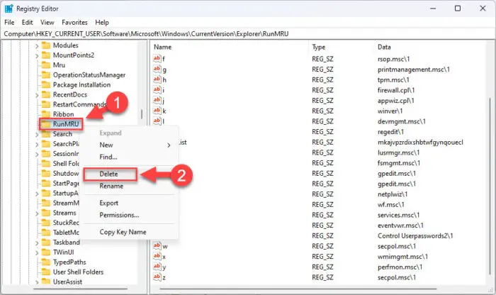 Delete the RunMRU key