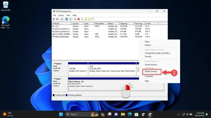 Delete volume from Disk Management console