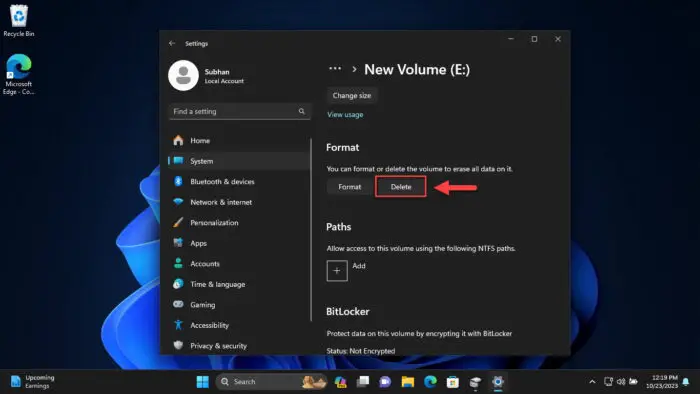 Delete volume from Windows Settings