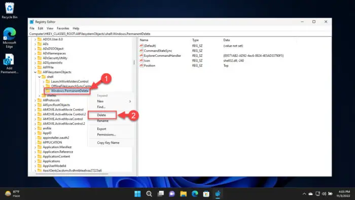 Delete Windows PermanentDelete key