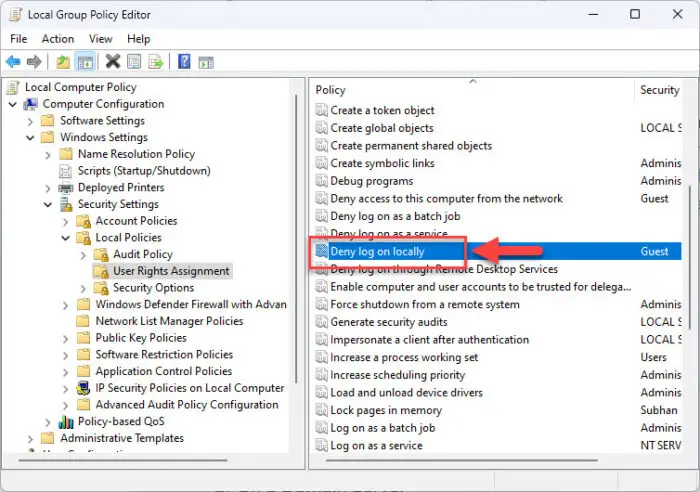 Deny log on locally group policy