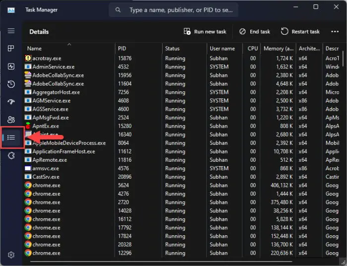 Details tab in the Task Manager