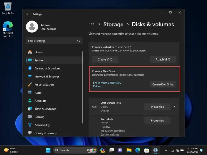 Dev Drive in Windows Settings