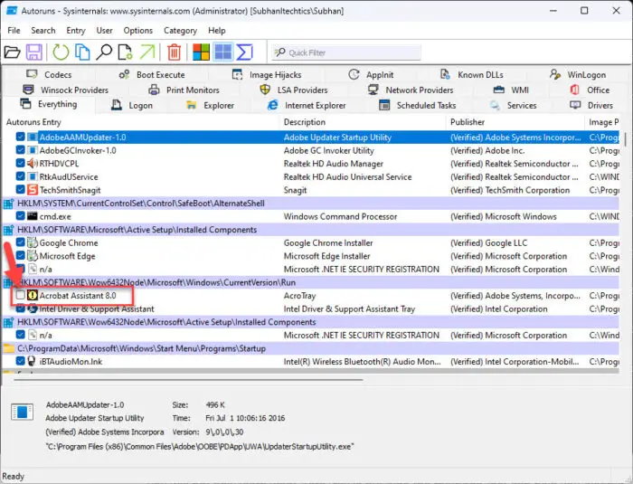 Disable AcroTray using Autoruns