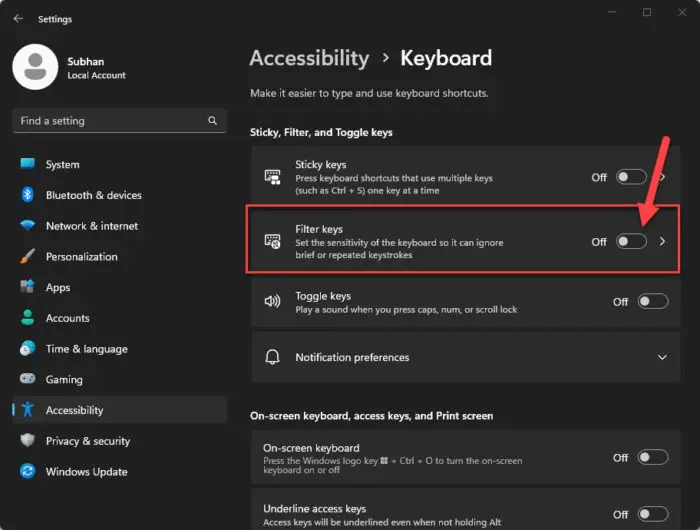 Disable filter keys