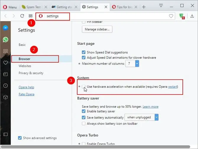 disable hardware acceleration in Opera