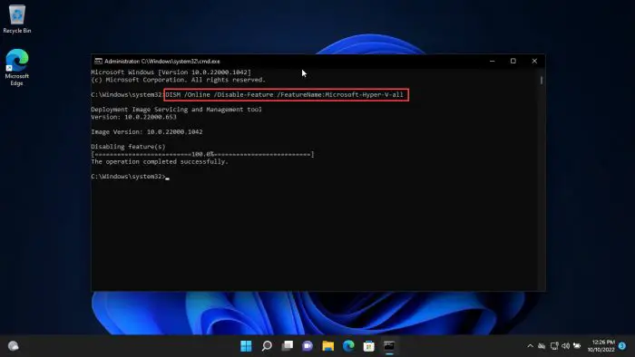 Disable Hyper V from Command Prompt