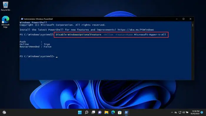 Disable Hyper V from Windows PowerShell