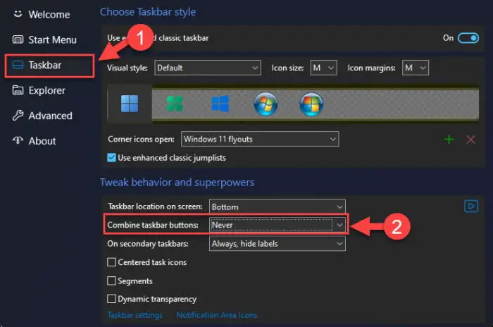 Disable icon grouping in taskbar from StartAllBack