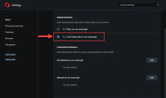 Disable JavaScript in Opera