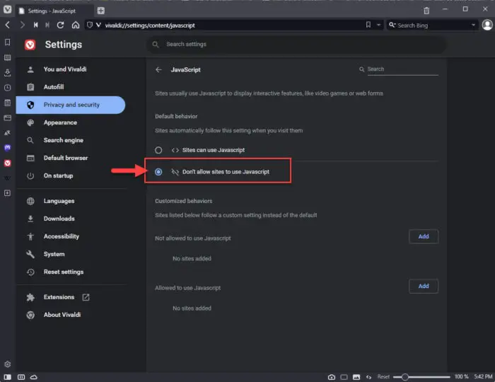 Disable JavaScript in Vivaldi