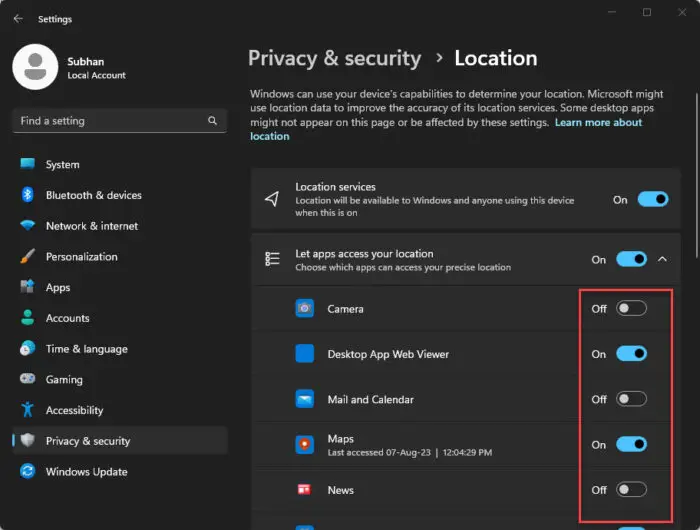 Disable per app location services in Windows