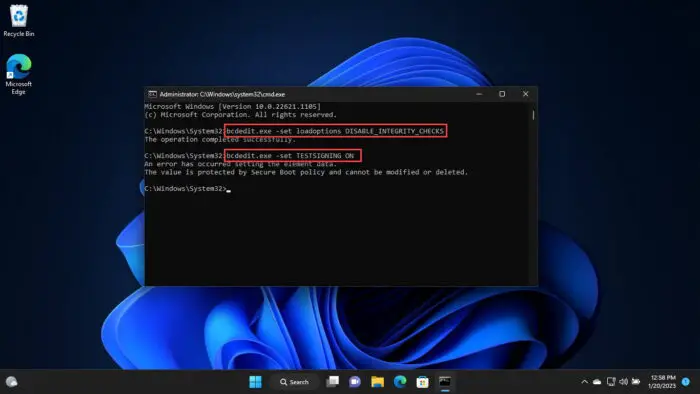 Disable signature enforcement from Command Prompt