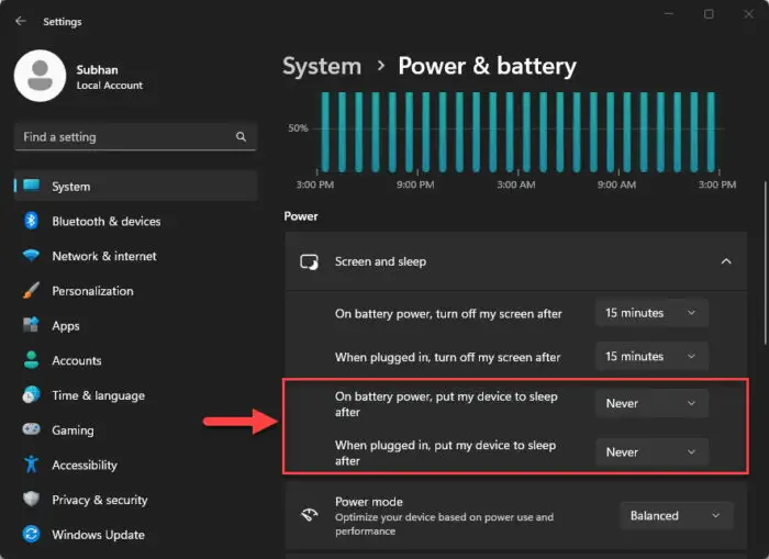 Disable sleep from Windows 11 Settings app