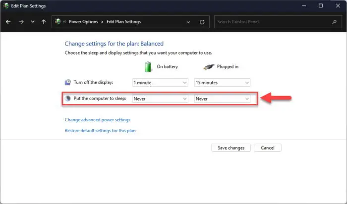 Disable sleep mode in Windows from Control Panel