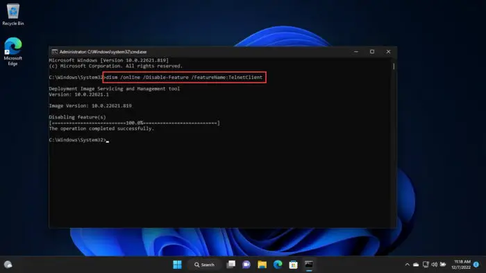 Disable telnet from Command Prompt
