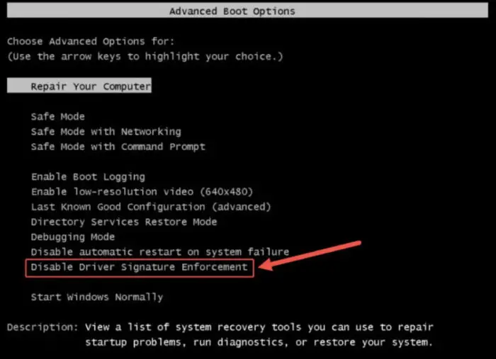 Disable the driver signature enforcement using Advanced Boot options