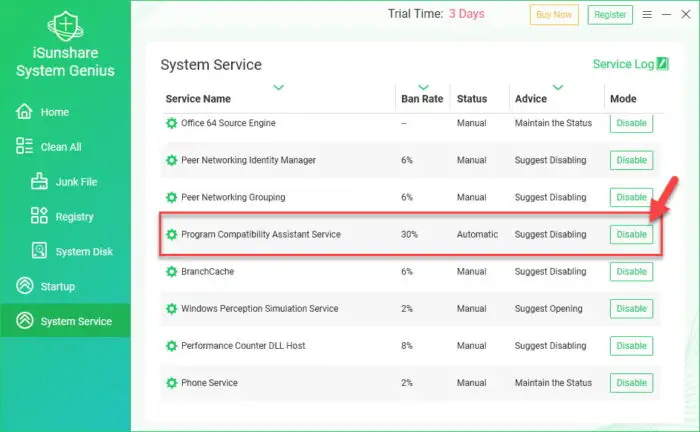 Disable the Program Compatibility Assistant Service using System Genius