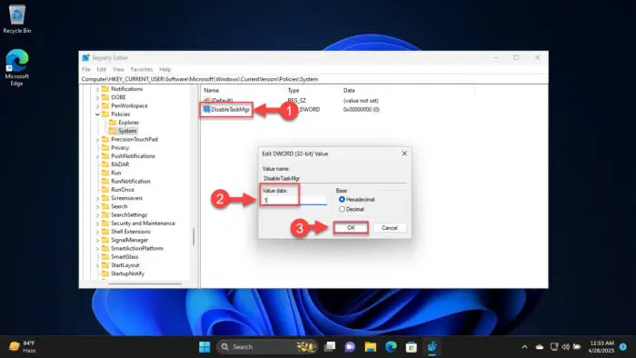 Disable the Task Manager from Windows Registry