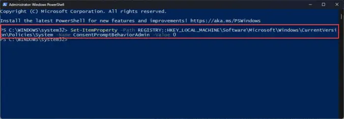 Disable UAC from PowerShell