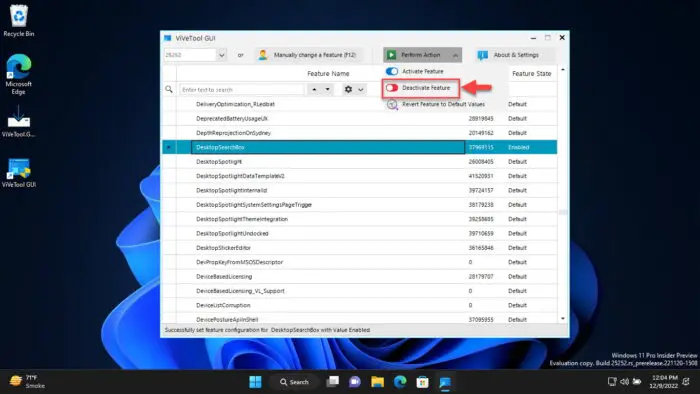 Disable Windows feature using ViVeTool GUI