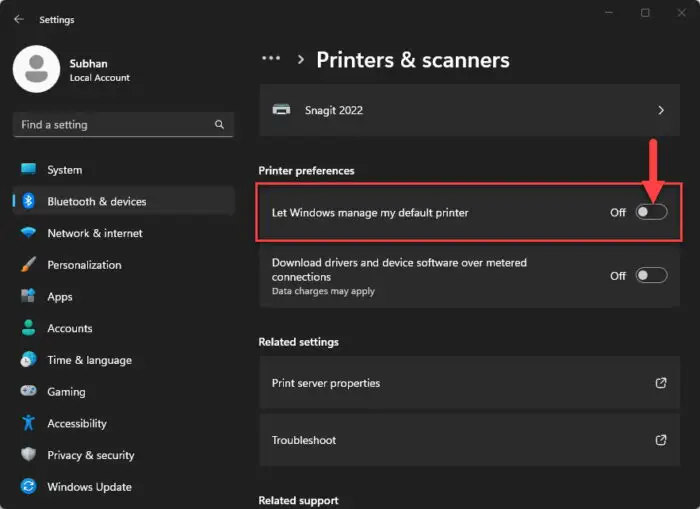 Disable Windows from managing your default printer