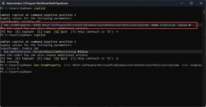 Disabling UAC with PowerShell Copilot