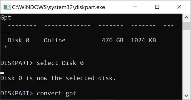 diskpart convert gpt