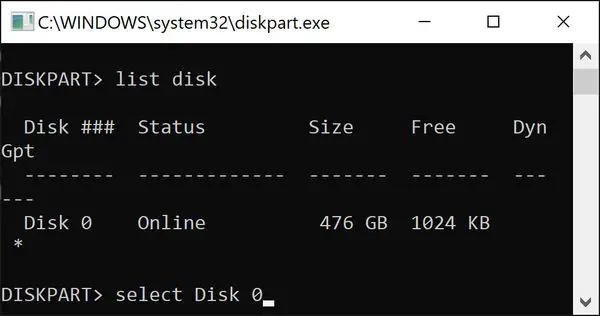 Diskpart select disk