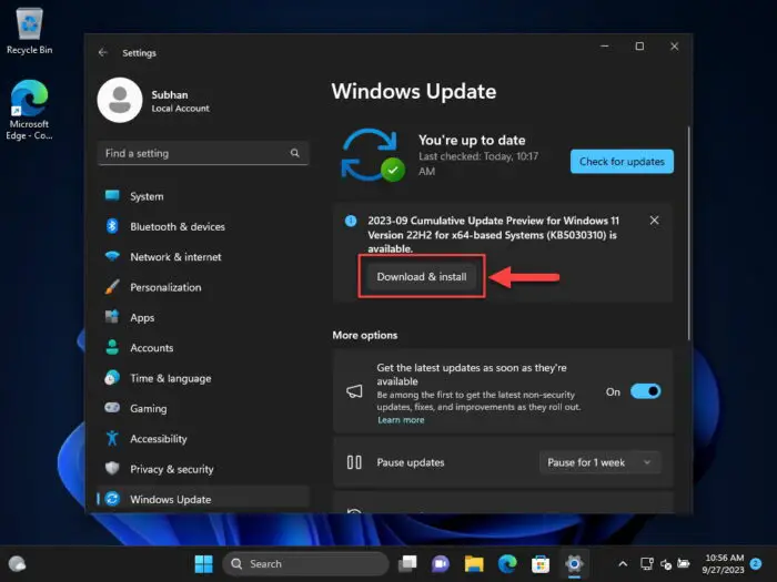 Manually download and install Windows optional preview update