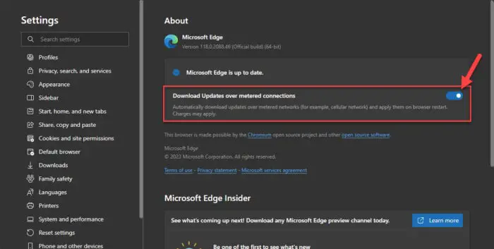 Download Edge updates over metered connections