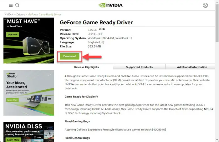 Download Nvidia Game Ready Driver version 535 98