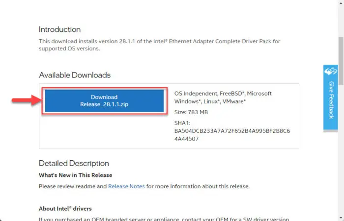 Download the Intel ethernet adapter driver pack